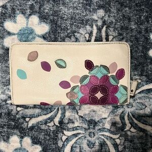 Fossil Leather/suede multicolor floral applique zippered-listing only wallet